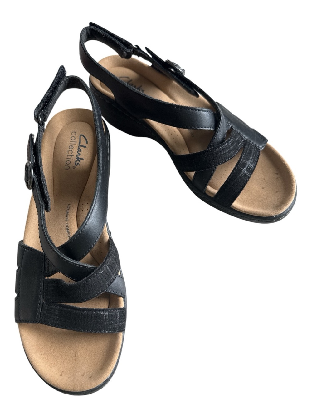 Clarks Black Leather Size 6.5 Slingback Sandals Cross-Strap Velcro EUC!